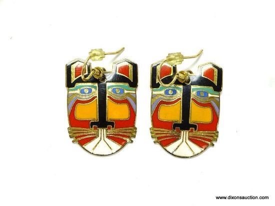 VERY COLLECTIBLE SIGNED LAUREL BURCH CAT EARRINGS TITLED "MIIKO". VERY NICE MULTI COLORED SUPER