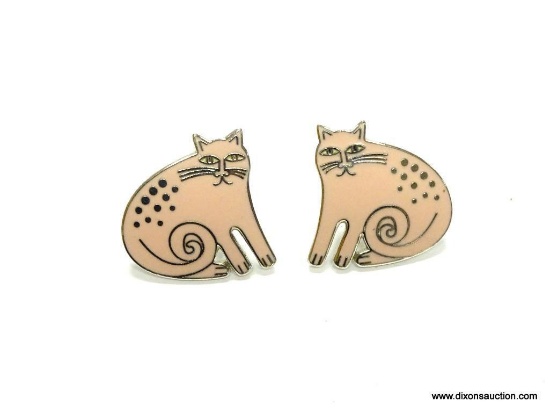 LAUREL BURCH SIGNED CAT EARRINGS TITLED "KESHIRE CAT" PINK AND SILVER FINISH. IN GOOD CONDITION.