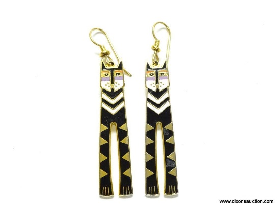 LAUREL BURCH SIGNED VINTAGE CAT EARRINGS TITLED " NUBIAN CAT" VERY COOL LONG NARROW BLACK AND GOLD