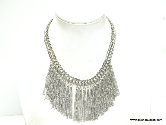 VERY NICE DOUBLE V LINK RHINESTONE NECKLACE WITH DROP TASSELS. 19" LONG WITH 3" EXTENDER. TASSEL