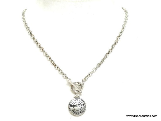 HARD ROCK CAFE VINTAGE SILVER TONE TOGGLE CLASP NECKLACE WITH HARD ROCK PENDANT THAT READS LOVE ALL,