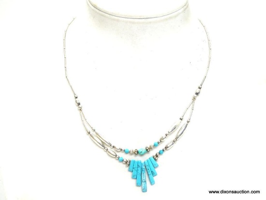 VINTAGE LIQUID SILVER AND TURQUOISE DOUBLE STRAND NECKLACE WITH BARREL CLASP. 18" LONG.