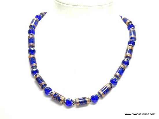 Chunky Art Glass Statement Necklace. Measures 20" long. Very Attractive with Cobalt Blue & Copper