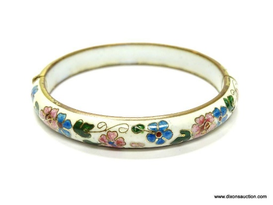 Vintage Cloissone Hinged Bracelet. Floral Decorated. Measures 2 7/8" in diameter.