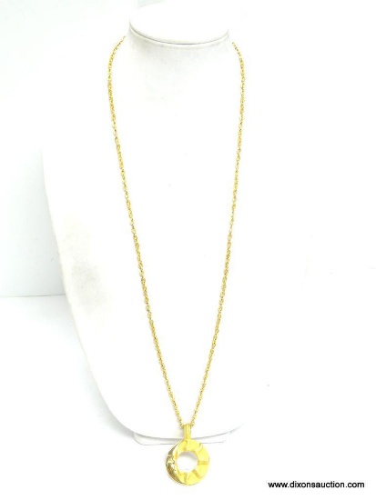 VERY NICE GOLD TONE CRESCENT MOON FACE AND SUN DOUBLE SIDED PENDANT NECKLACE. 36" LONG. PENDANT