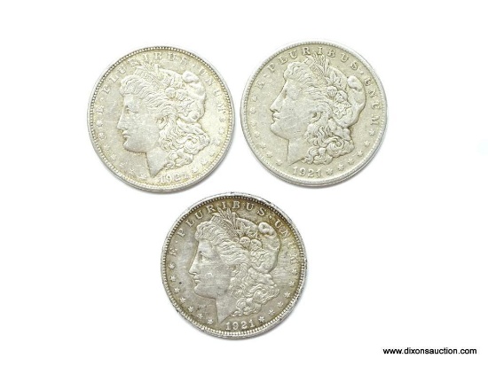 1921 D, 1921 S, 1921 P Morgan silver dollars. 90% silver