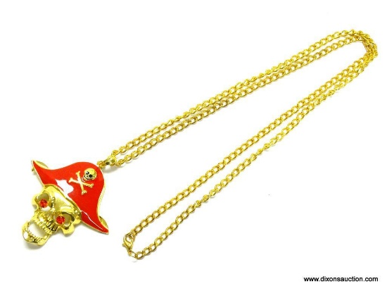 FOR THE KIDS. GOLD TONE PIRATE PENDANT NECKLACE. 30" LONG CHAIN. PENDANT 2.75" LONG.