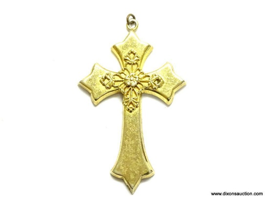 VINTAGE GOLD FILLED CROSS PENDANT WITH APPLIED DECORATION. 2.5" LONG. GOOD VINTAGE CONDITION.