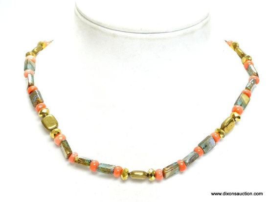 1/20 14K GOLD FILLED CORAL BEAD NECKLACE WITH FACETED CRYSTALS AND ART GLASS BEADS. 19" LONG