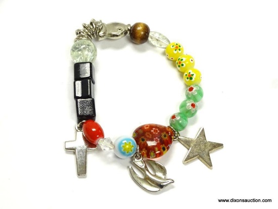 ART GLASS BEAD DECORATED EXPANSION BRACELET DECORATED WITH A CROSS CHARM, A DOVE CHARM, A STAR