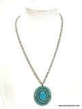 VINTAGE SILVER TONE TURQUOISE PENDANT NECKLACE. CHAIN 24