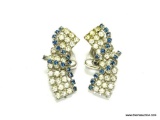 VINTAGE RHINESTONE CLIP ON EARRINGS. DECORATED WITH BLUE RHINESTONES. 1.5