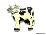 VERY NICE BLACK AND WHITE COW BROOCH/PIN. SILVER TONE METAL. GREEN STONE EYES. 2