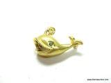 BEAUTIFUL SATIN FINISH GOLD TONE SPOUTING WHALE PIN. EMERALD GREEN COLORED EYE. 1.25