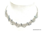 VINTAGE RHINESTONE 3 TIER NECKLACE DECORATED WITH BLUE RHINESTONE WRAPS. WE SOLD THE MATCHING