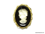 VINTAGE CAMEO PIN BROOCH OR PENDANT. CAMEO HAS A GOLD TONE CHAIN BORDER ALL THE WAY AROUND GIVING IT