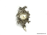 VERY COLLECTIBLE SWISS MADE BUCHERER 17 JEWEL MARCASITE SET CUCKOO CLOCK DESIGN PIN BACK WATCH.