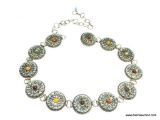 VINTAGE 12 SECTION SILVER TONE HANDMADE BELT SET WITH SEMI PRECIOUS GEMSTONES AND TURQUOISE DOTS.