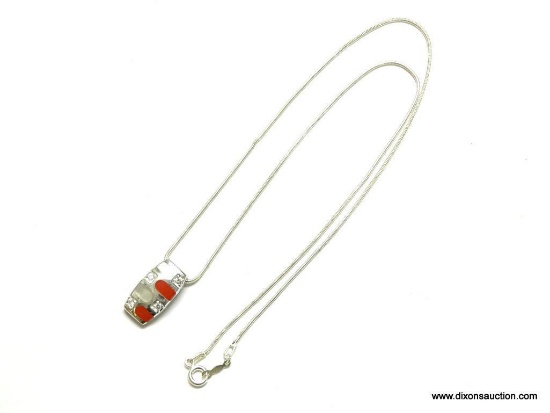 .925 STERLING SILVER LADIES INLAID MOTHER OF PEARL AND RED CORAL PENDANT ON 20'' CHAIN