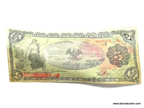 BANK OF MEXICO 5 PESO 1914 - RARE NOTE