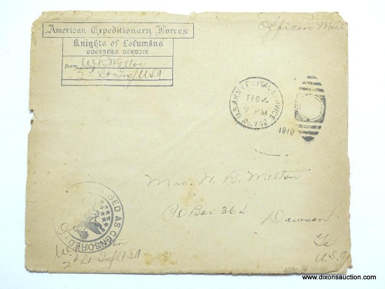 WWI AMERICAN EXPEDITIONARY FORCE 1917 ORIGINAL ENVELOPE & ENCLOSED LETTER - KNIGHTS OF COLUMBUS -