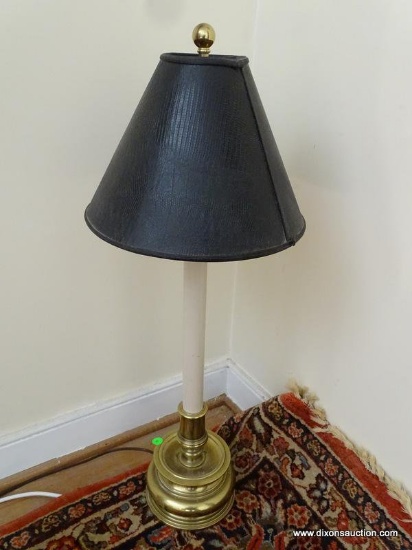 (LR) BRASS CANDLESTICK LAMP WITH SHADE AND FINIAL. 31" TALL. GOOD CONDITION.
