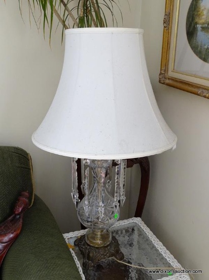 (LR) VERY NICE CUT GLASS TABLE LAMP WITH DROP PRISMS. 36" TALL. SHADE NEEDS TO BE RECOVERED.