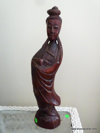 (LR) CARVED MAHOGANY ORIENTAL FIGURINE. 18" TALL. GOOD CONDITION.