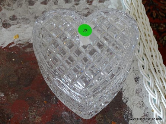 (LR) COVERED HEART SHAPED CANDY DISH. DIAMOND QUILT PATTERN. 6" ACROSS.