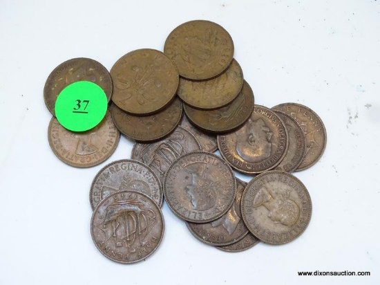 (K) LOT OF COINS TO INCLUDE 2 NEW PENCE. 19 PIECES. 1945, 1921, 1965. THIS IS A MIXED LOT. SOME ARE