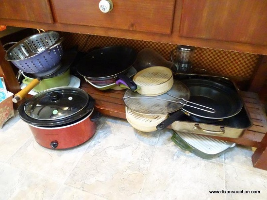 (K) COOKWARE ON BOTTOM SHELF OF LOT 31. INCLUDES T-FAL FRYING PAN, T-FAL STOVETOP WOK, GREEN SQUARE