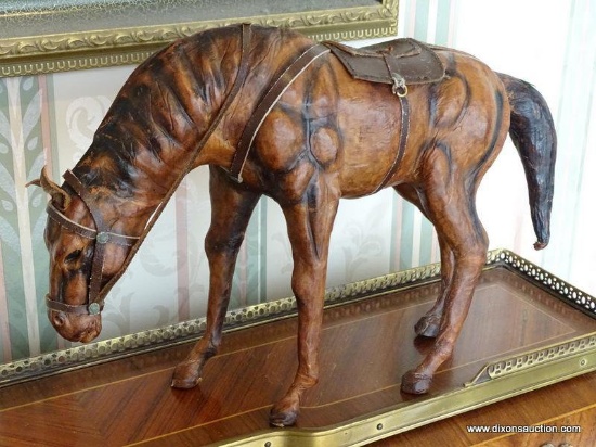 (F) LEATHER WRAPPED HORSE STATUE. 14.5"X9.5". GOOD CONDITION.