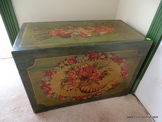 (F) PAINT DECORATED SMALL TRUNK. PAINTED ALL THE WAY AROUND. NICE FOR STORAGE. 24"X12"X16.25".
