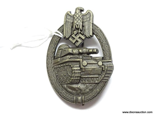 German World War II Army Bronze Tank Assault Badge. The reverse side is maker marked "AS" in a