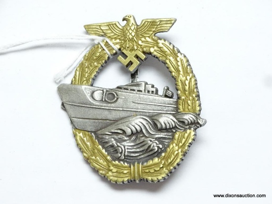 German World War II Naval Kriegsmarine 2nd Model E Boat Badge. The reverse side is maker marked "Fec