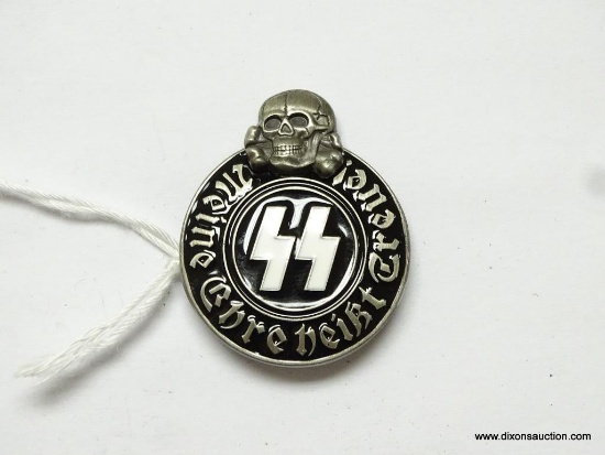 German World War II Waffen SS Party Member Badge. Measures 1 1/8" wide by 1 5/16" tall. The front