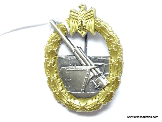 German World War II Naval Kriegsmarine Coastal Artillery Badge. The reverse side is maker marked