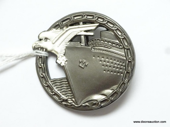 German World War II Naval Kriegsmarine Blockade Runner Badge. The reverse side is maker marked "Fec