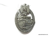 German World War II Army Silver Tank Assault Badge. The reverse side is maker marked 