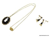 LADIES 1/10 14K GOLD FILLED VICTORIAN BLACK ONYX CAMEO PENDANT 18'' CHAIN WITH MATCHING EARRINGS