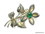 .925 STERLING SILVER LADIES ART DECO 3CT GREEN GEM TONE BROOCH 3.5''X2.25'' - 17.2 GRAMS