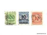 GERMAN INFLATION STAMP 10 MARK, 30 MARK COUNTER STAMPED 800 THOUSAND MARKS, 20 MARK COUNTER STAMPED