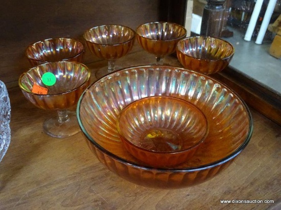 (A1) MARIGOLD CARNIVAL CENTER BOWL, 5 MATCHING SHERBETS, AND BERRY BOWL. CENTER BOWL 8" ACROSS.