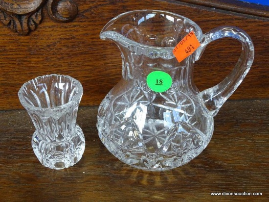 (A1) CUT GLASS WATER PITCHER. 5" TALL. AND LEAD CRYSTAL TOOTHPICK HOLDER CHIPPED AT THE RIM INCLUDED