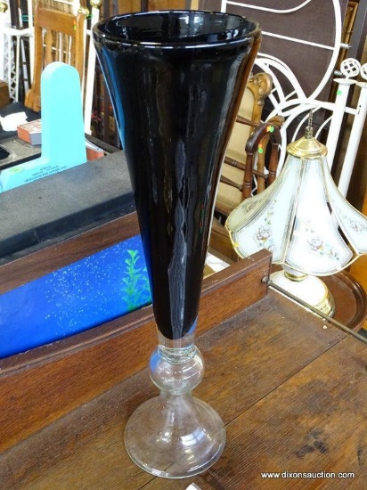 (A1) LARGE FLUTE SHAPED VASE WITH BLACK ONYX TOP. 18.75" TALL.