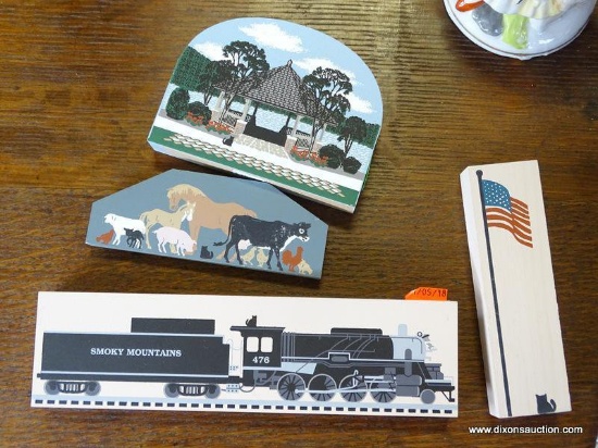 (A1) 4 CAT'S MEOW DECORATED WOOD BLOCKS. INCLUDES SMOKY MOUNTAINS TRAIN, MOUNTAIN LAKE.