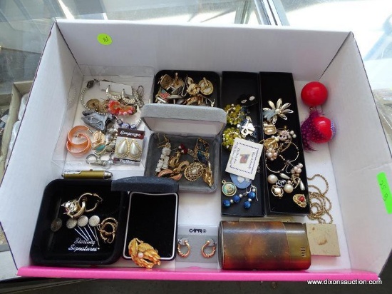 TRAY LOT OF COSTUME JEWELRY. INCLUDES EARRINGS, BROOCHES, A JELLY BELLY ANGELFISH PIN, SEVERAL PAIRS