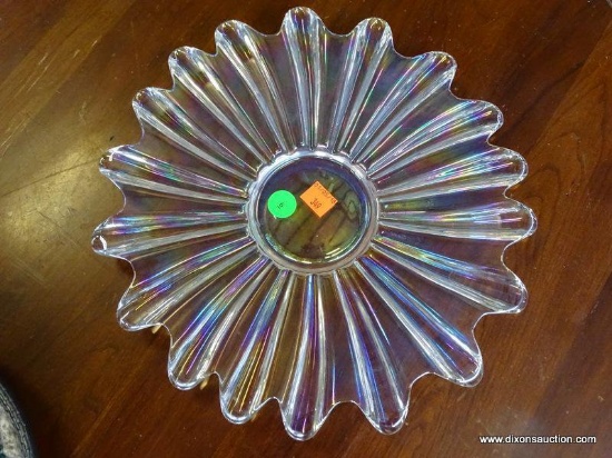 (A1) MID CENTURY ATOMIC STARBURST IRIDESCENT CONSOLE BOWL. 12" ACROSS. IN EXCELLENT SHAPE.