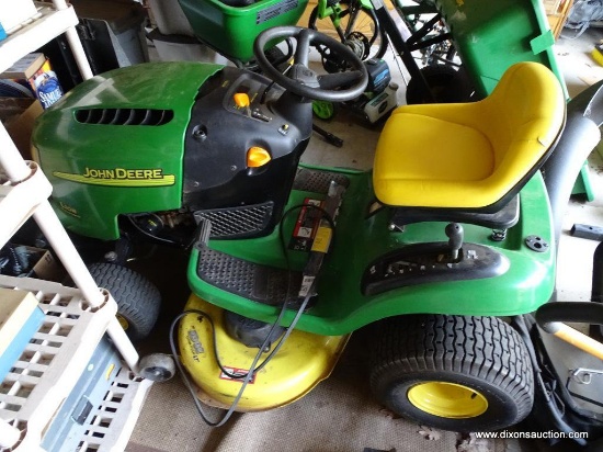 (GAR) JOHN DEERE L108 AUTOMATIC 42" CUT RIDING LAWNMOWER WITH BAGGER ATTACHMENT. HAS ACCESSORIES: