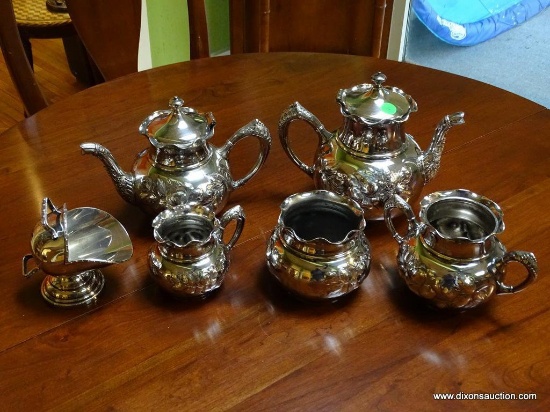 (KIT) 5 PIECE SILVER-PLATE VICTORIAN TEA SET: TEA POT: 7" TALL. COFFEE POT: 8" TALL. CREAM AND